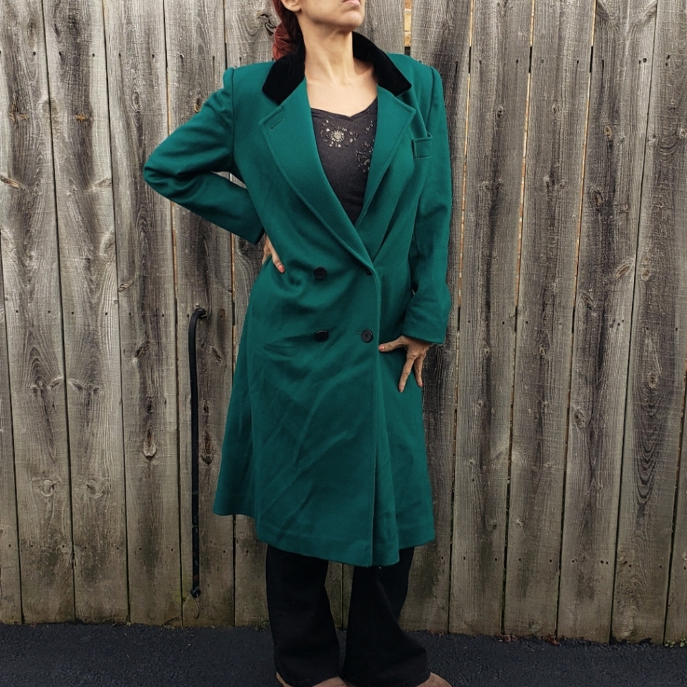 Vtg Fashions by Jill Emerald Green wool Double Breasted ling Coat midi coat XL